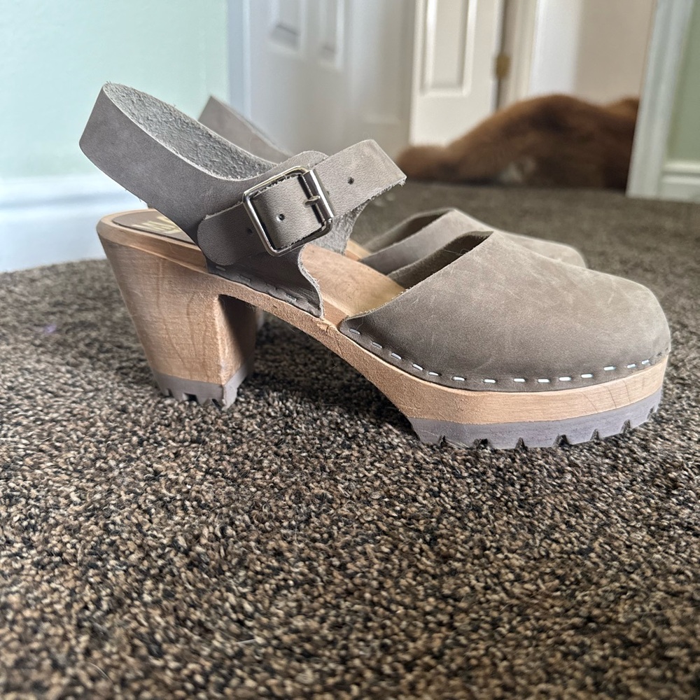 MIA Taupe Suede Buckle Clog Sandals